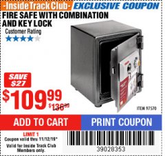 Harbor Freight ITC Coupon FIRE SAFE WITH COMBINATION AND KEY LOCK Lot No. 97570 Expired: 11/12/19 - $109.99