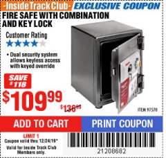 Harbor Freight ITC Coupon FIRE SAFE WITH COMBINATION AND KEY LOCK Lot No. 97570 Expired: 12/24/19 - $109.99