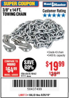 Harbor Freight Coupon 3/8" X 14 FT. TOWING CHAIN Lot No. 40462/60658/97711 Expired: 8/26/19 - $19.99