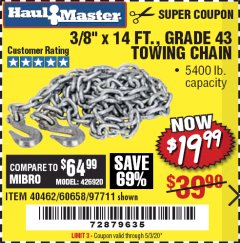 Harbor Freight Coupon 3/8" X 14 FT. TOWING CHAIN Lot No. 40462/60658/97711 Expired: 6/30/20 - $19.99
