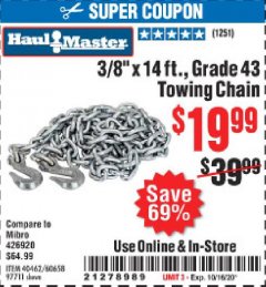 Harbor Freight Coupon 3/8" X 14 FT. TOWING CHAIN Lot No. 40462/60658/97711 Expired: 10/16/20 - $19.99