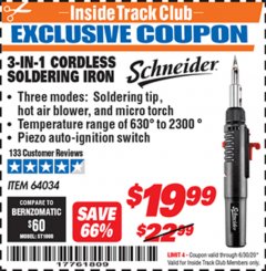 Harbor Freight Coupon 3-IN-1 CORDLESS SOLDERING IRON Lot No. 64034 Expired: 6/30/20 - $19.99