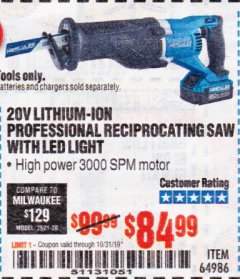 Harbor Freight Coupon HERCULES 20V PROFESSIONAL LITHIUM ION CORDLESS RECIPROCATING SAW Lot No. 64986 Expired: 10/31/19 - $84.99