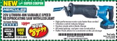 Harbor Freight Coupon HERCULES 20V PROFESSIONAL LITHIUM ION CORDLESS RECIPROCATING SAW Lot No. 64986 Expired: 12/28/19 - $84.99