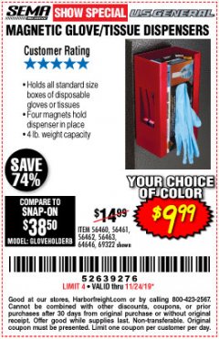 Harbor Freight Coupon MAGNET GLOVE/TISSUE DISPENSER Lot No. 69322 Expired: 11/24/19 - $9.99