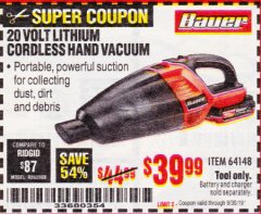 Harbor Freight Coupon BAUER CORDLESS VACUUM Lot No. 64148 Expired: 9/30/19 - $39.99