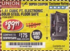 Harbor Freight Coupon 1.51 CUBIC FT. ELECTRONIC SOLID STEEL FLOOR SAFE Lot No. 62977 Expired: 10/16/19 - $89.99