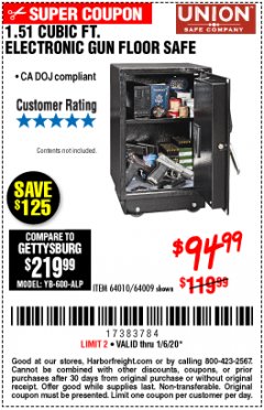 Harbor Freight Coupon 1.51 CUBIC FT. ELECTRONIC SOLID STEEL FLOOR SAFE Lot No. 62977 Expired: 1/6/20 - $94.99