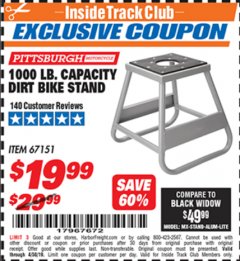 Harbor Freight ITC Coupon 1000 LB. CAPACITY DIRT BIKE STAND Lot No. 67151 Expired: 4/30/19 - $19.99
