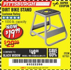 Harbor Freight Coupon 1000 LB. CAPACITY DIRT BIKE STAND Lot No. 67151 Expired: 10/11/19 - $19.99