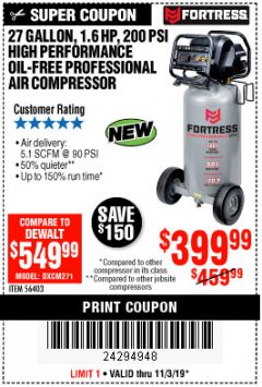Harbor Freight Coupon FORTRESS 27 GALLON OIL-FREE PROFESSIONAL AIR COMPRESSOR Lot No. 56403 Expired: 11/3/19 - $399.99