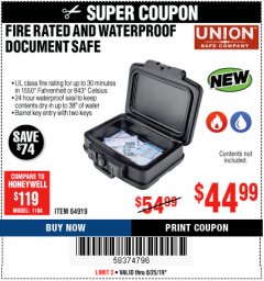 Harbor Freight Coupon FIRE RATED AND WATERPROOF DOCUMENT SAFE Lot No. 64919 Expired: 8/25/19 - $44.99