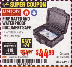 Harbor Freight Coupon FIRE RATED AND WATERPROOF DOCUMENT SAFE Lot No. 64919 Expired: 9/30/19 - $44.99