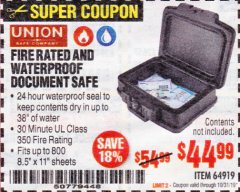 Harbor Freight Coupon FIRE RATED AND WATERPROOF DOCUMENT SAFE Lot No. 64919 Expired: 10/31/19 - $44.99