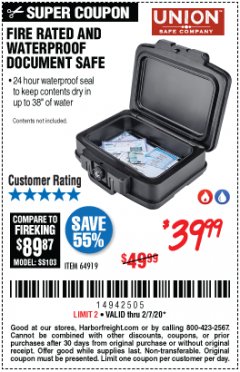 Harbor Freight Coupon FIRE RATED AND WATERPROOF DOCUMENT SAFE Lot No. 64919 Expired: 2/7/20 - $39.99