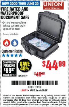Harbor Freight Coupon FIRE RATED AND WATERPROOF DOCUMENT SAFE Lot No. 64919 Expired: 6/30/20 - $44.99