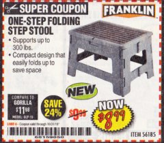 Harbor Freight Coupon FRANKLIN ONE-STEP FOLDING STEP STOOL Lot No. 56185 Expired: 10/31/19 - $8.99