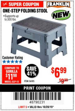 Harbor Freight Coupon FRANKLIN ONE-STEP FOLDING STEP STOOL Lot No. 56185 Expired: 10/20/19 - $6.99