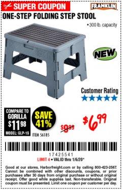 Harbor Freight Coupon FRANKLIN ONE-STEP FOLDING STEP STOOL Lot No. 56185 Expired: 1/6/20 - $6.99