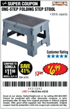 Harbor Freight Coupon FRANKLIN ONE-STEP FOLDING STEP STOOL Lot No. 56185 Expired: 6/30/20 - $6.99