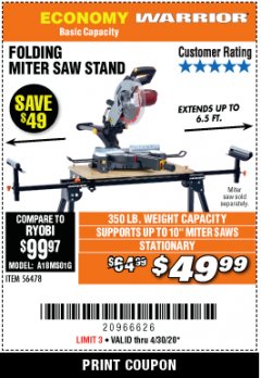 Harbor Freight ITC Coupon WARRIOR UNIVERSAL FOLDING MITER SAW STAND Lot No. 56478 Expired: 4/30/20 - $49.99