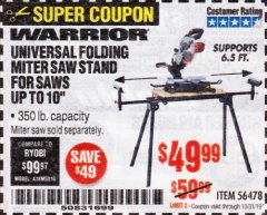 Harbor Freight Coupon WARRIOR UNIVERSAL FOLDING MITER SAW STAND Lot No. 56478 Expired: 10/31/19 - $49.99