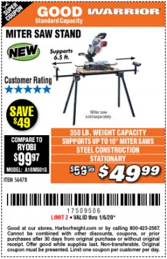 Harbor Freight Coupon WARRIOR UNIVERSAL FOLDING MITER SAW STAND Lot No. 56478 Expired: 1/6/20 - $49.99