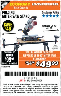 Harbor Freight Coupon WARRIOR UNIVERSAL FOLDING MITER SAW STAND Lot No. 56478 Expired: 3/31/20 - $49.99