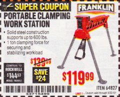 Harbor Freight Coupon FRANKLIN PORTABLE CLAMPING WORKSTATION Lot No. 64827 Expired: 9/30/19 - $119.99