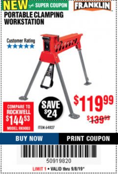 Harbor Freight Coupon FRANKLIN PORTABLE CLAMPING WORKSTATION Lot No. 64827 Expired: 9/8/19 - $119.99