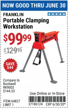 Harbor Freight Coupon FRANKLIN PORTABLE CLAMPING WORKSTATION Lot No. 64827 Expired: 6/30/20 - $99.99