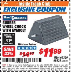 Harbor Freight ITC Coupon RUBBER WHEEL CHOCK WITH EYEBOLT Lot No. 69828/65320 Expired: 8/31/19 - $11.99