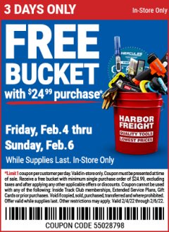 Harbor Freight FREE Coupon HARBOR FREIGHT TOOLS BUCKET Lot No. 56575 Expired: 2/6/22 - FWP
