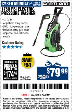 Harbor Freight Coupon $10 OFF ANY PORTLAND PRODUCT Lot No.  62630, 63075,62337, 62469,64497,62896, 63190,63254,69293, 61714 63255 Expired: 12/1/19 - $79.99