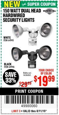 Harbor Freight Coupon 150 WATT DUAL HEAD HARDWIRED SECURITY LIGHTS Lot No. 64945, 64946 Expired: 8/11/19 - $19.99