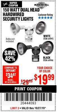 Harbor Freight Coupon 150 WATT DUAL HEAD HARDWIRED SECURITY LIGHTS Lot No. 64945, 64946 Expired: 10/27/19 - $19.99