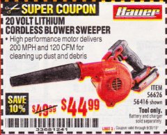 Harbor Freight Coupon BAUER 20 VOLT LITHIUM CORDLESS BLOWER Lot No. 56626/56416 Expired: 9/30/19 - $44.99
