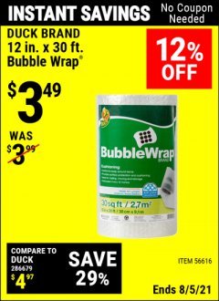 Harbor Freight Coupon 12" X 30 FT. BUBBLE WRAP Lot No. 56616 Expired: 8/5/21 - $3.49