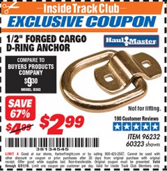 Harbor Freight ITC Coupon 1/2" FORGED CARGO D-RING ANCHOR Lot No. 60323 Expired: 8/31/19 - $2.99