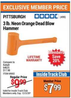 Harbor Freight ITC Coupon 3 LB. NEON DEAD BLOW HAMMER Lot No. 69002/41799 Expired: 12/3/20 - $7.99