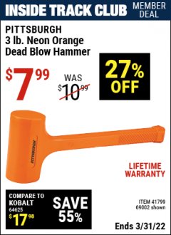 Harbor Freight ITC Coupon 3 LB. NEON DEAD BLOW HAMMER Lot No. 69002/41799 Expired: 3/31/22 - $7.99