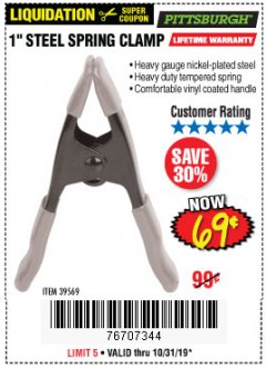 Harbor Freight Coupon 1" STEEL SPRING CLAMP Lot No. 39569 Expired: 10/31/19 - $0.69