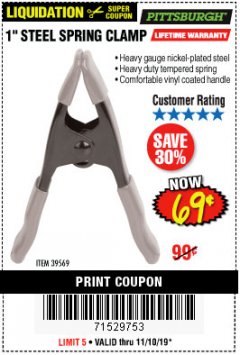 Harbor Freight Coupon 1" STEEL SPRING CLAMP Lot No. 39569 Expired: 11/10/19 - $0.69