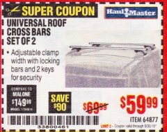 Harbor Freight Coupon UNIVERSAL ROOF CROSS BARS SET OF 2 Lot No. 64877 Expired: 9/30/19 - $59.99