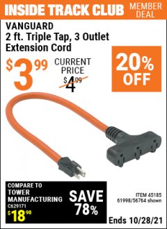 Harbor Freight ITC Coupon 3-WAY GROUNDED POWER OUTLET Lot No. 56764/61998/45185 Expired: 10/28/21 - $3.99