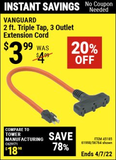 Harbor Freight Coupon 3-WAY GROUNDED POWER OUTLET Lot No. 56764/61998/45185 Expired: 4/7/22 - $3.99