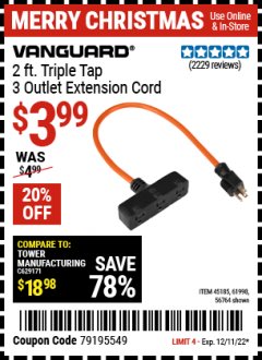 Harbor Freight Coupon 3-WAY GROUNDED POWER OUTLET Lot No. 56764/61998/45185 Expired: 12/11/22 - $3.99