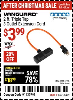 Harbor Freight Coupon 3-WAY GROUNDED POWER OUTLET Lot No. 56764/61998/45185 Expired: 1/8/23 - $3.99