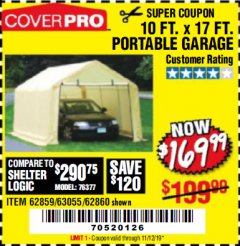 Harbor Freight Coupon COVERPRO 10 FT. X 17 FT. PORTABLE GARAGE Lot No. 62859, 63055, 62860 Expired: 11/12/19 - $169.99