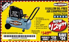 Harbor Freight Coupon MCGRAW 8 GALLON OIL-FREE AIR COMPRESSOR Lot No. 56269/64294 Expired: 12/14/19 - $125